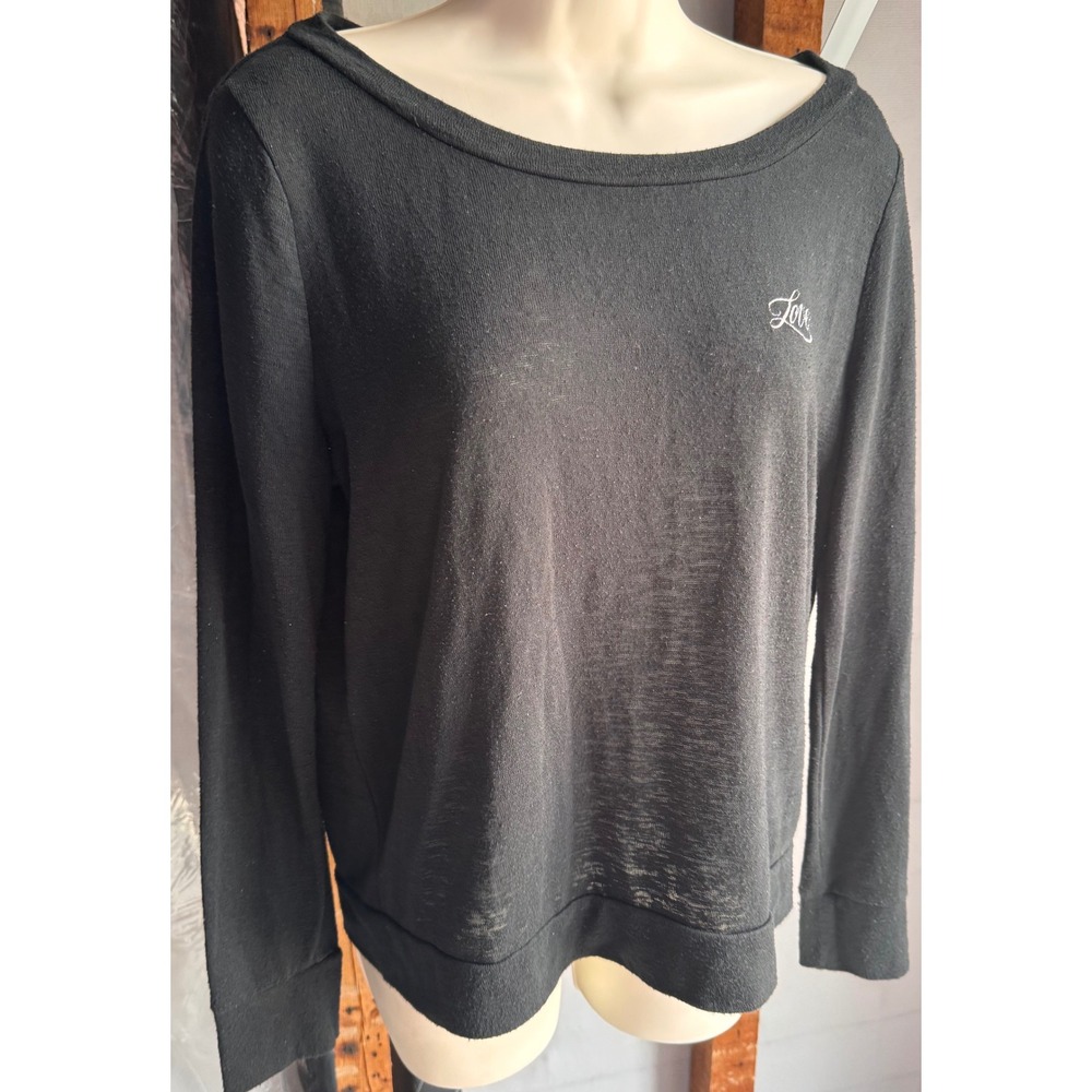 Victorias Secret Love Embroidered Long Sleeve Top Black Slub Knit Small Short